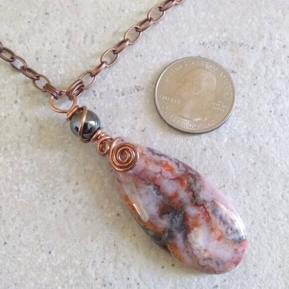 Rustic Crazy Lace Agate Pendant Necklace! Cream Gray Peachy Tangerine + Copper - Picture 4 of 15